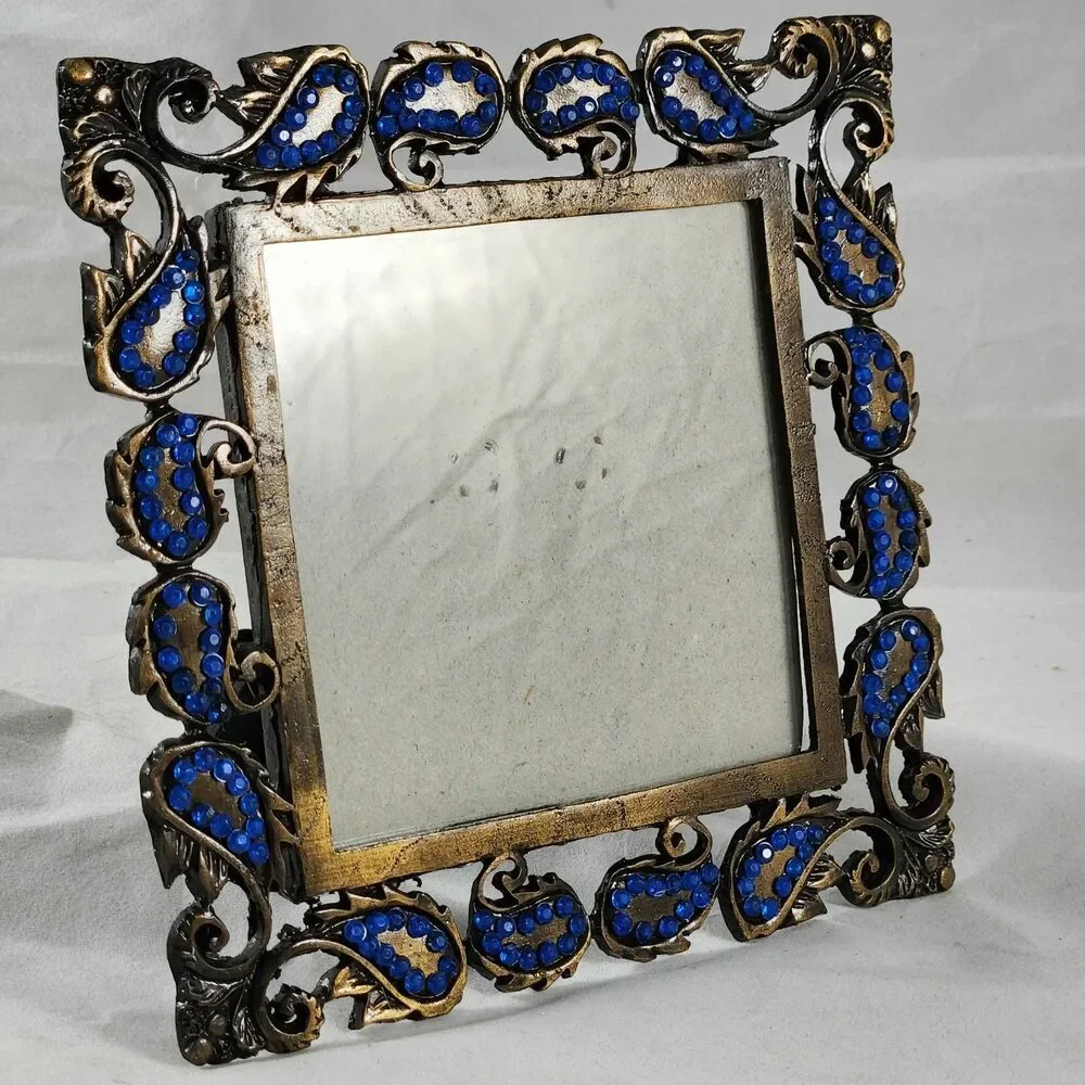 3 x 3 in Square Ornate Antique Bronze Tone Photo Frame Blue Rhinestones Crystals